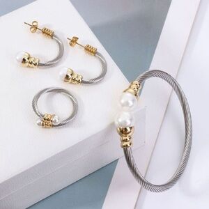Silver Cable Wire Jewelry Set – Pearl Bracelet, Hoop Earrings & Ring